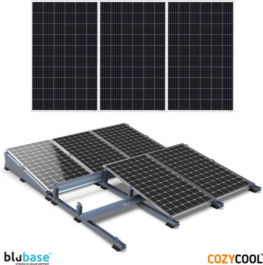 Blubase zonnepanelen montageset plat dak 1 rij van 3 panelen portrait 10° tilt Complete set met zijplaten achterplaten klemmen schroeven en ballastbakken