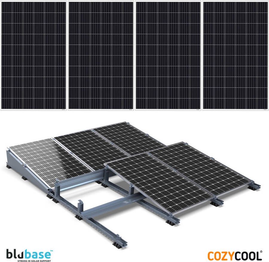 Blubase zonnepanelen montageset plat dak 1 rij van 4 panelen portrait 10° tilt Complete set met zijplaten achterplaten klemmen schroeven en ballastbakken