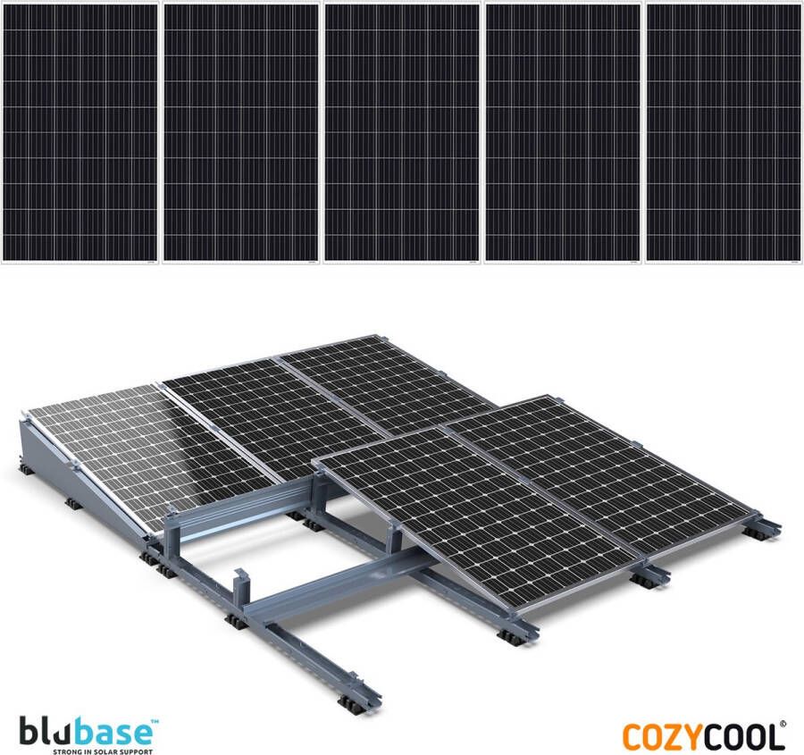 Blubase zonnepanelen montageset plat dak 1 rij van 5 panelen portrait 10° tilt Complete set met zijplaten achterplaten klemmen schroeven en ballastbakken
