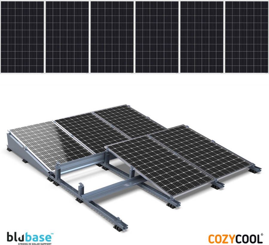 Blubase zonnepanelen montageset plat dak 1 rij van 6 panelen portrait 10° tilt Complete set met zijplaten achterplaten klemmen schroeven en ballastbakken