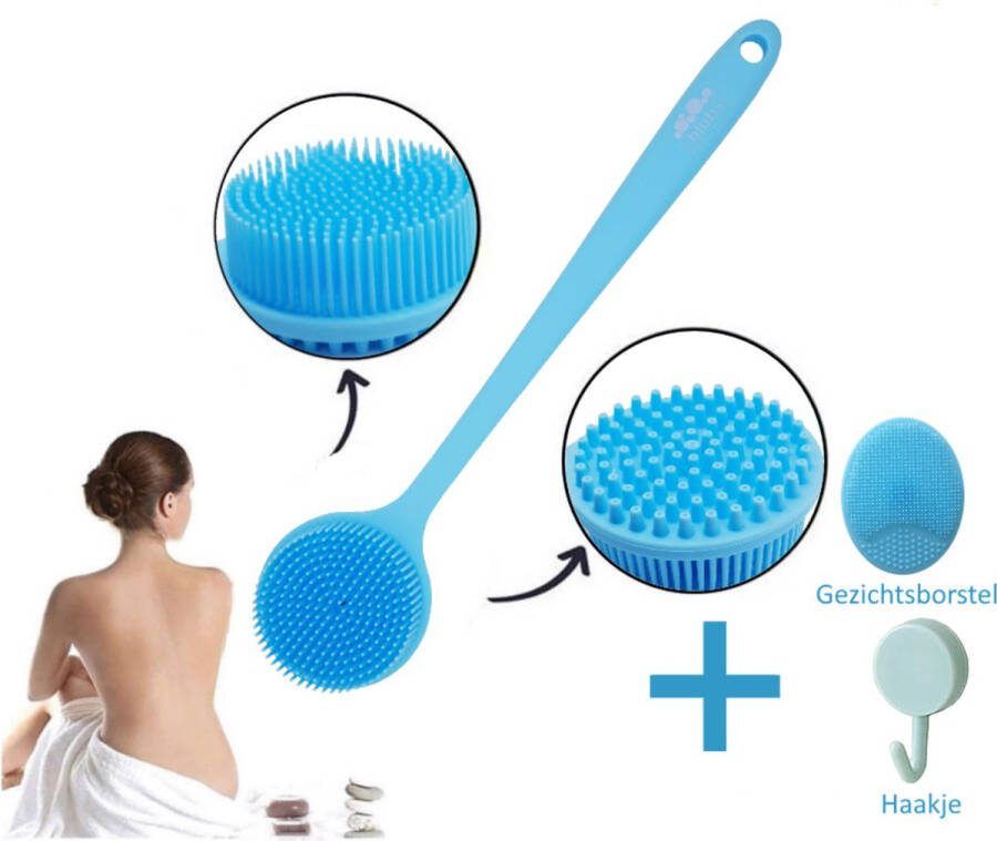 Blubs – Badborstel – Dry brush – Rug Scrubber – Lichaamsborstel – Rugborstel douche met steel – Huidborstel – Rugborstel kunststof – Badborstel met steel – Doucheborstel met steel – Siliconen borstel – Droogborstel – Massage – Babyblauw