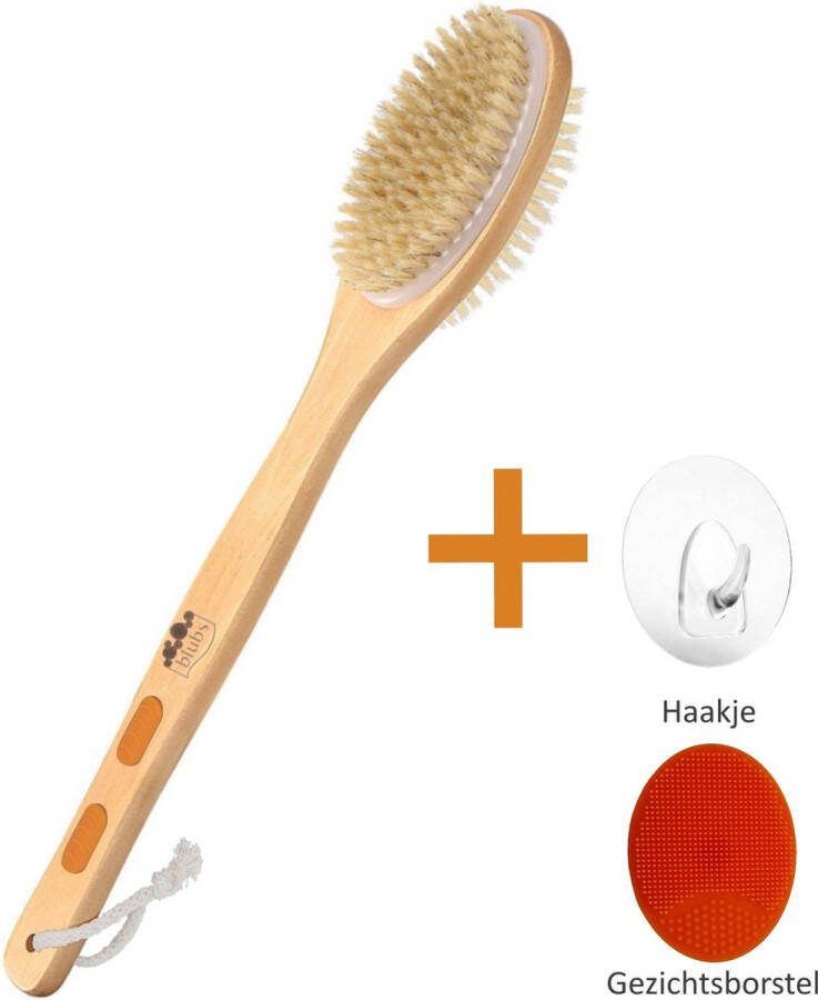 Blubs – Houten Badborstel – Dry brush – Rug Scrubber – Lichaamsborstel – Rugborstel douche met steel – Huidborstel – Rugborstel hout – Houten Badborstel met steel – Doucheborstel met steel – Houten borstel – Droogborstel – Massage – Oranje