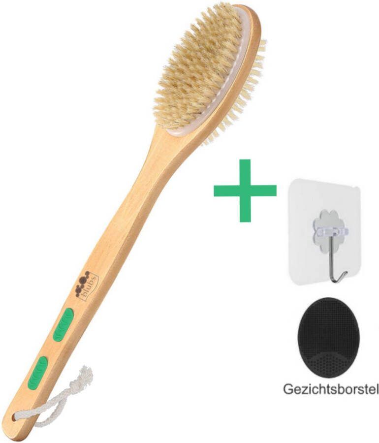 Blubs – Houten Badborstel – Dry brush – Rug Scrubber – Lichaamsborstel – Rugborstel douche met steel – Huidborstel – Rugborstel hout – Houten Badborstel met steel – Doucheborstel met steel – Houten borstel – Droogborstel – Massage – Groen