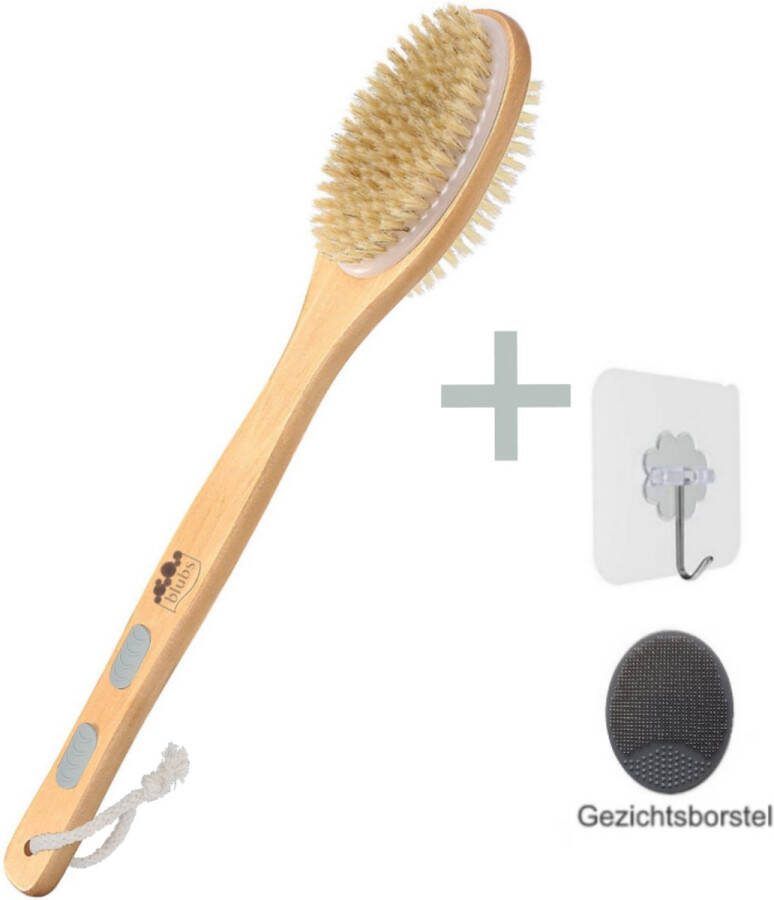 Blubs – Houten Badborstel – Dry brush – Rug Scrubber – Lichaamsborstel – Rugborstel douche met steel – Huidborstel – Rugborstel hout – Houten Badborstel met steel – Doucheborstel met steel – Houten borstel – Droogborstel – Massage – Grijs