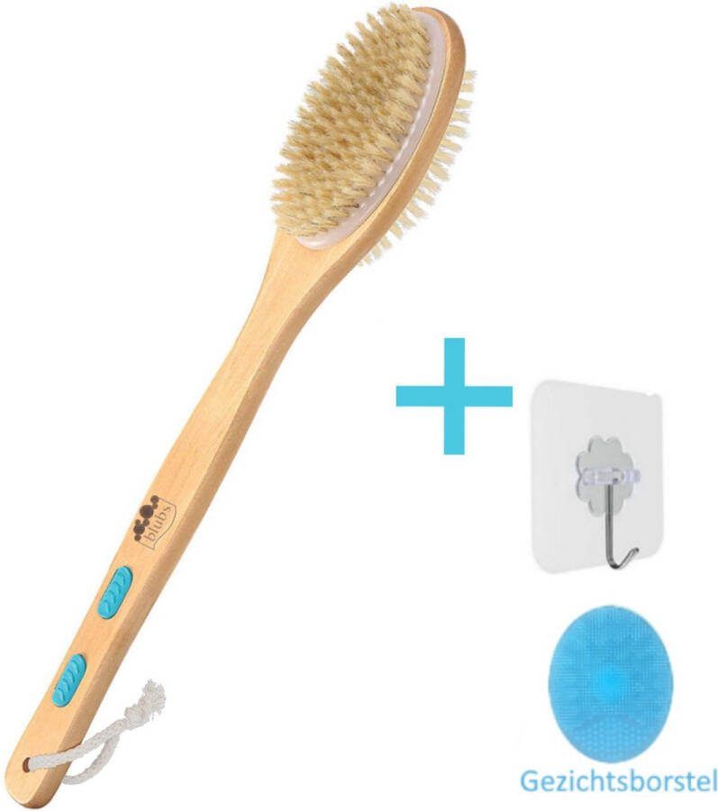 Blubs – Houten Badborstel – Dry brush – RugScrubber – Lichaamsborstel met lange steel – Rugborstel douche met steel – Huidborstel – Rugborstel hout – Houten Badborstel met steel – Doucheborstel met steel – rugborstel – Droogborstel – Massage – Blauw