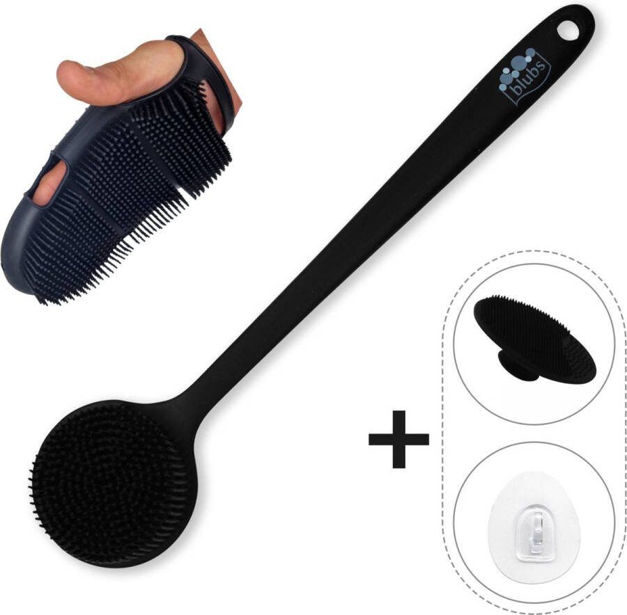 Blubs – Set siliconen rugborstel washand en gezichtborstel – Lichaamsborstel – Rugborstel douche met steel – Huidborstel – doucheborstel – bad- & doucheaccessoires – Badborstel met steel – Doucheborstel – Siliconen borstel – Massage – Zwart