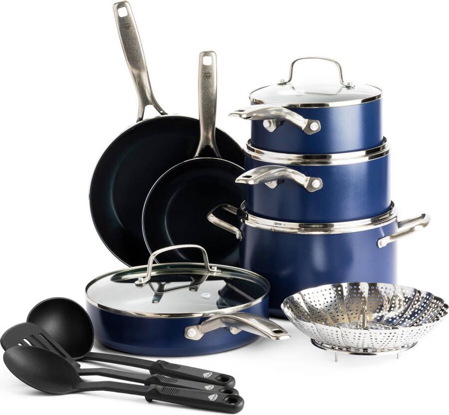 Blue Diamond kookpannen set 14-delig met deksels blauw anti-aanbak PFAS-vrij