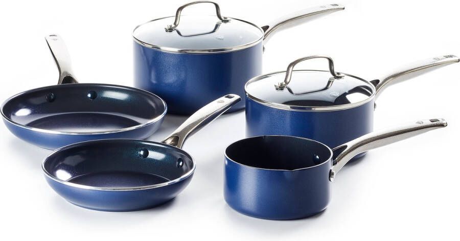 Blue Diamond kookpannen set 5-delig met deksels blauw anti-aanbak PFAS-vrij