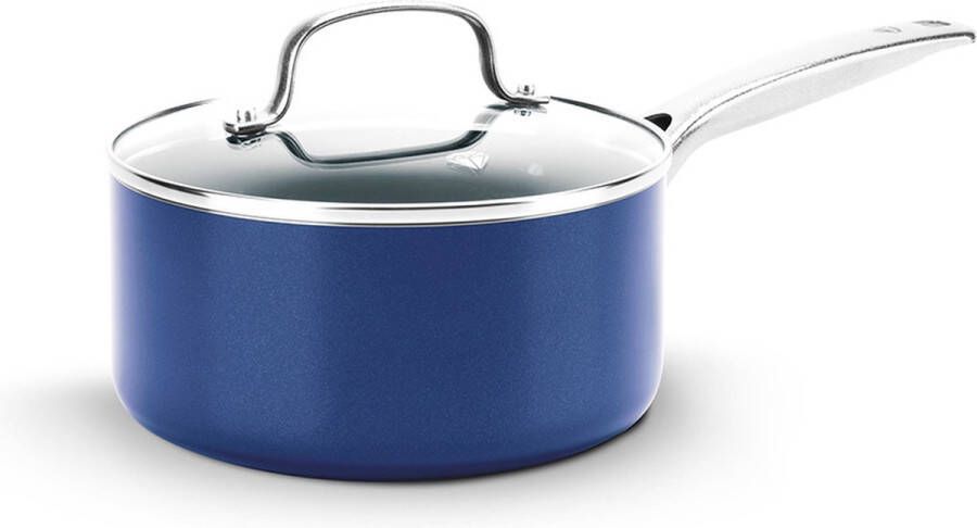 BlueDiamond Blue Diamond Steelpan met deksel – Keramische coating ingelegd met diamantdeeltjes – Ø18 cm – Blauw – Sauspan Met GRATIS panbeschermer