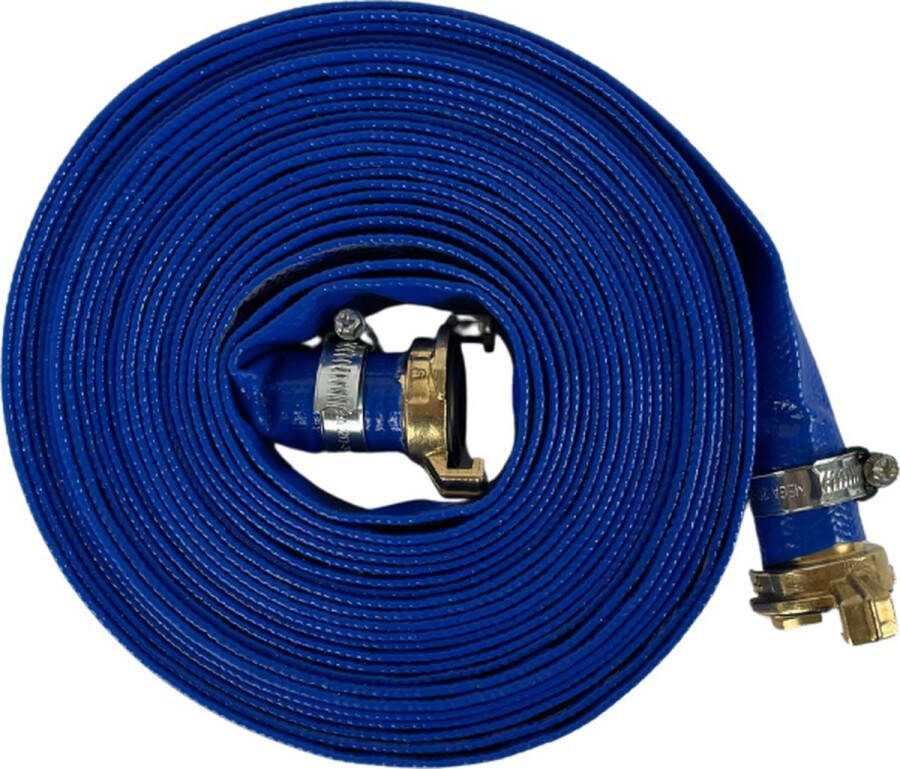 Blue Platte waterslang 25 mm 10 meter lang voor dompelpompen. 3 bar met 2 Geka koppelingen gemonteerd