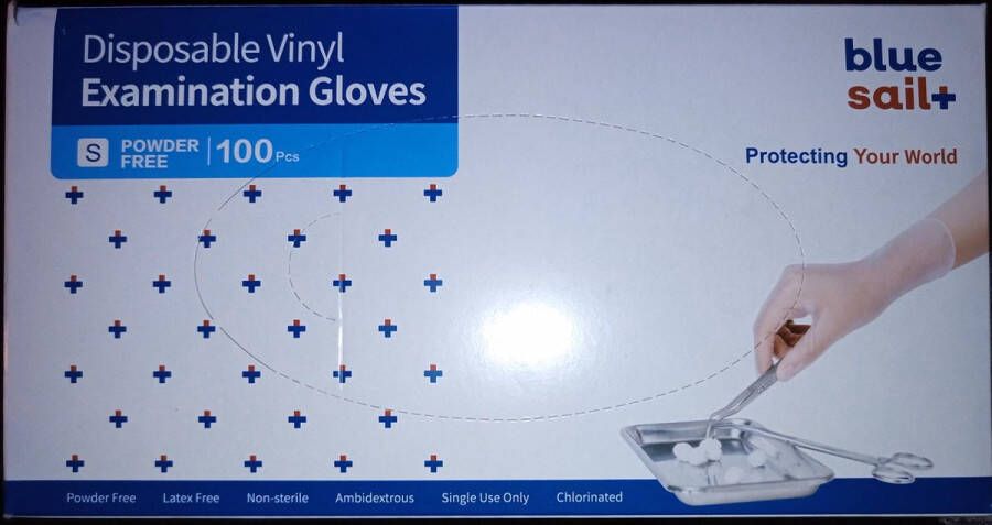 BLUE SAIL+ Disposable Vinyl Examinations Gloves powder free Wegwerp handschoenen Vinyl zonder poeder vrij geschikt voor kliederen met verf maar ook voor de thuiszorg