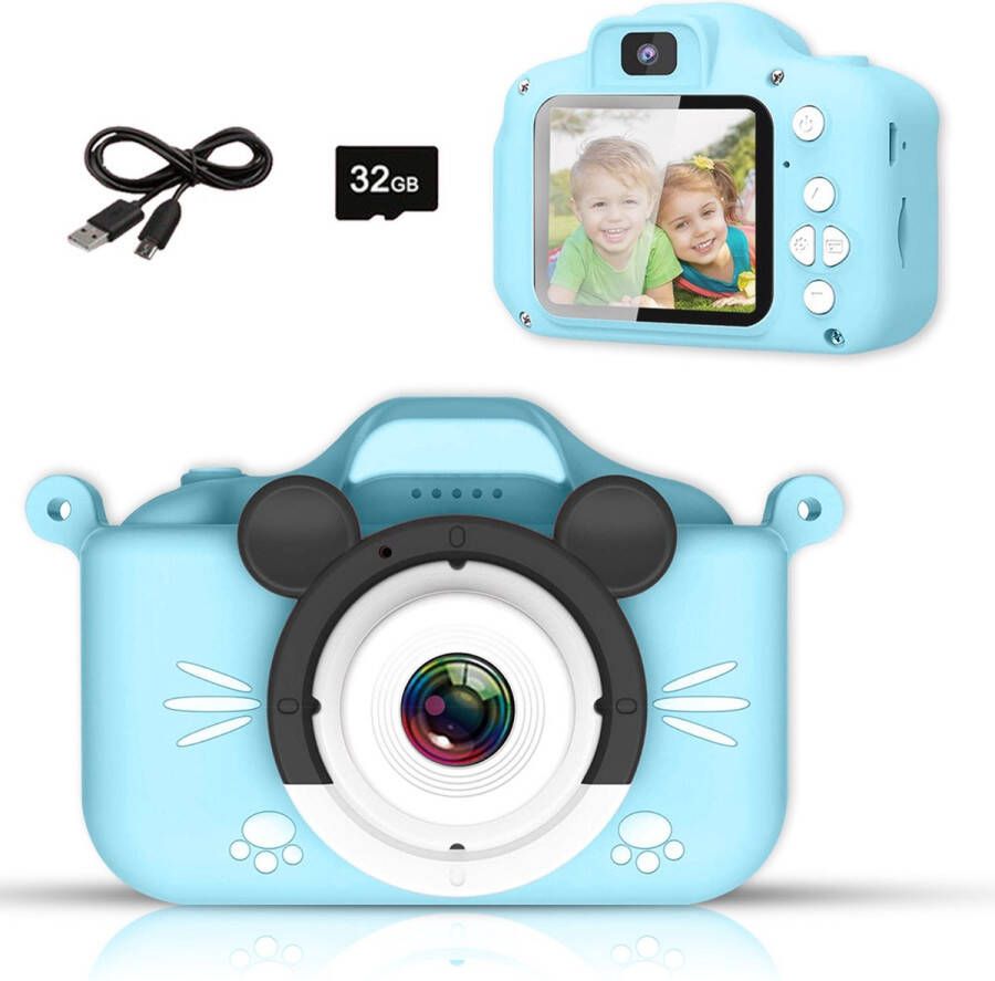 Bluedime Digitale Kindercamera Nieuwste Model HD 1080P Inclusief 32GB SD Kaart – Nederlands Fototoestel Voor Kinderen – Extra veilig Vlog Camera – USB Oplaadbaar – blauw – Digitaal Kinderfototoestel
