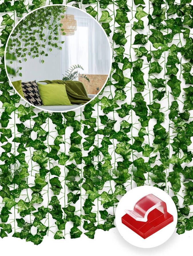 BluMerce Klimop Slinger 24 Stuks 50 meter Decoratie voor Huis en Tuin Kunst Hangplant Voor Binnen en Buiten Hedera Met Zelfklevende Haakjes