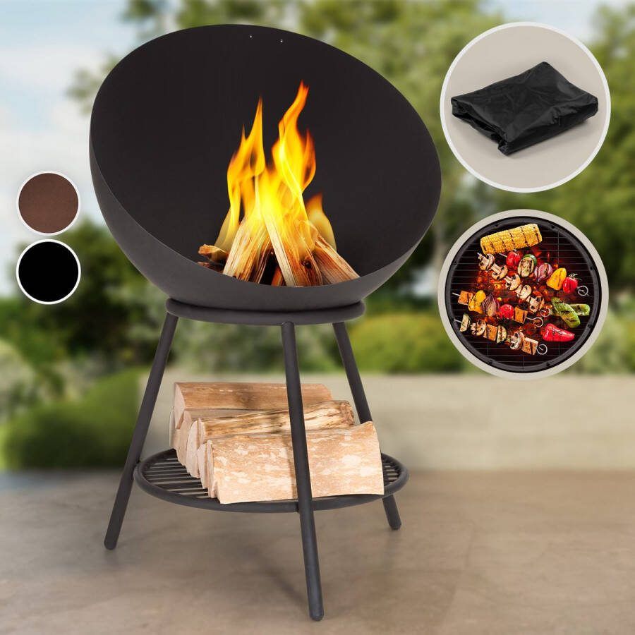 Blumfeldt Azuma Vuurschaal met grillrooster Ø 66 cm Outdoor stalen vuurschaal Voor balkon tuin en camping Mobiel 70 cm hoog Met standaard Weerbestendige vuurschaal voor de tuin Zwart