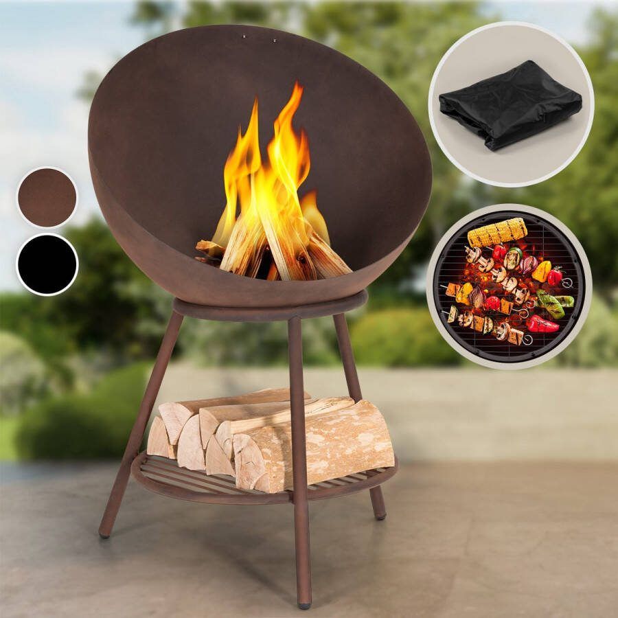 Blumfeldt Azuma Vuurschaal met grillrooster Ø 66 cm Outdoor stalen vuurschaal Voor balkon tuin en camping Mobiel 70 cm hoog Met standaard Weerbestendige vuurschaal voor de tuin Roestkleur