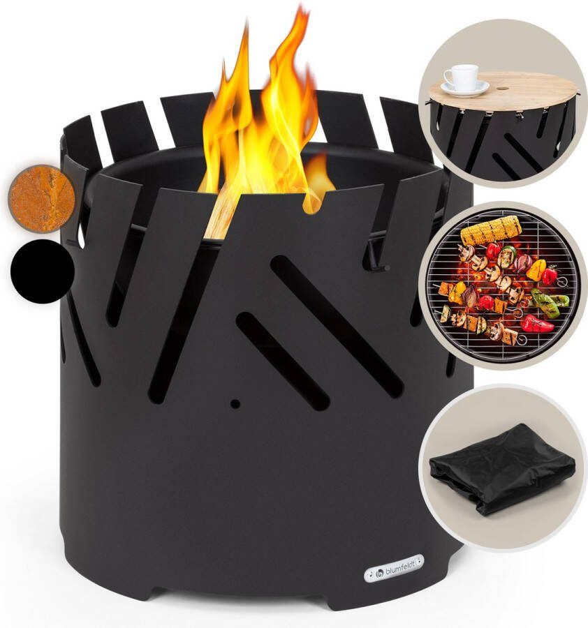 Blumfeldt Crown 3-in-1 Vuurschaal Ø 46 cm Weerbestendig met grillrooster & vonkenscherm Voor terras & tuin Met grillring & voet 55 cm hoog Zwart