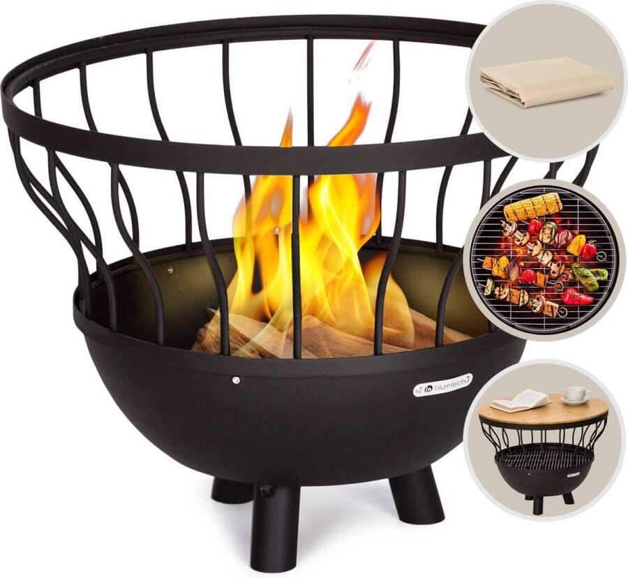 Blumfeldt Nantai 3-in-1-vuurschaal. barbecue en tafel Ø 66 cm Vuurkorf met BBQ rooster van Ø 50 cm Staal Inclusief bamboe tafelblad