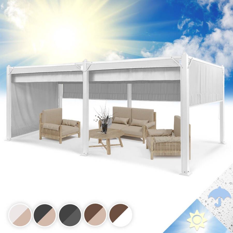 Blumfeldt Pantheon Cortina pergola 3x6m Prieel met dak en 4 zijpanelen Paviljoen van aluminium en polyester Tegen de wind beschut Weerbestendige coating Wasbaar materiaal Wit Grijs