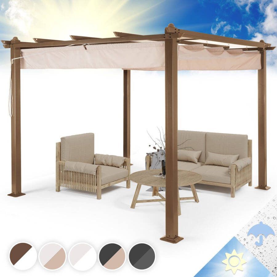 Blumfeldt Pantheon Rust Pergola Aluminium Vierkante Buis 3X3 Meter 4 Hoekpalen Waterafstotend Beige