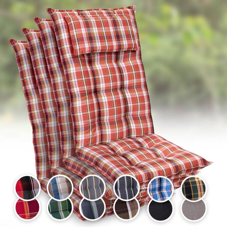 Blumfeldt Sylt Tuinkussen Set van 4 stoelkussen zitkussen hoge rugleuning hoofdkussen 50 x 120 x 9cm UV bestendig polyester rood wit