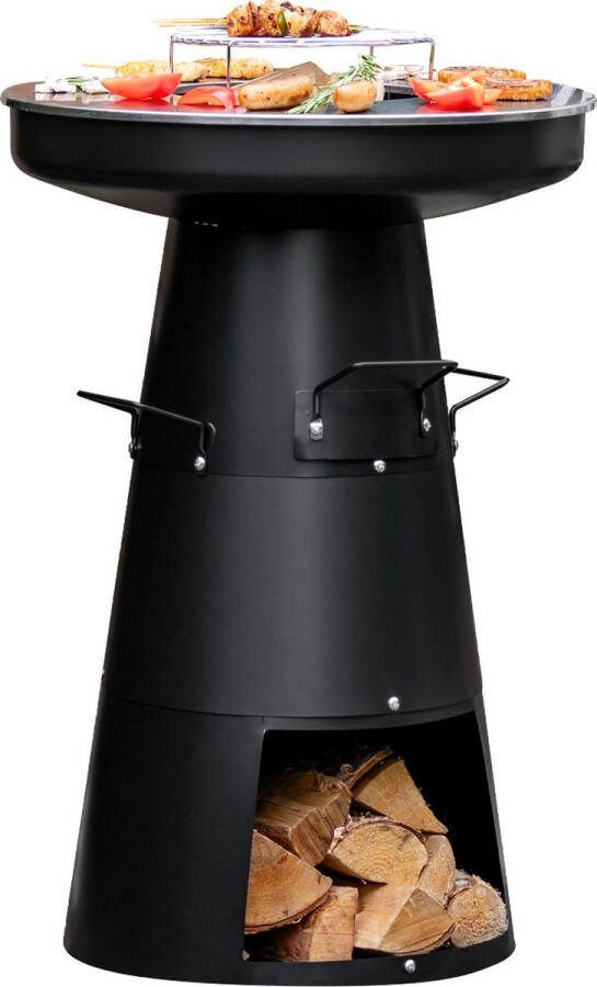 BluMill 3-in-1 BBQ Plancha Vuurkorf – met Brandhout opslag – Tuinhaard – Vuurschaal 58 x 83 cm – Plancha Ø58 Grillrooster Ø25 cm – Zwart – Staal