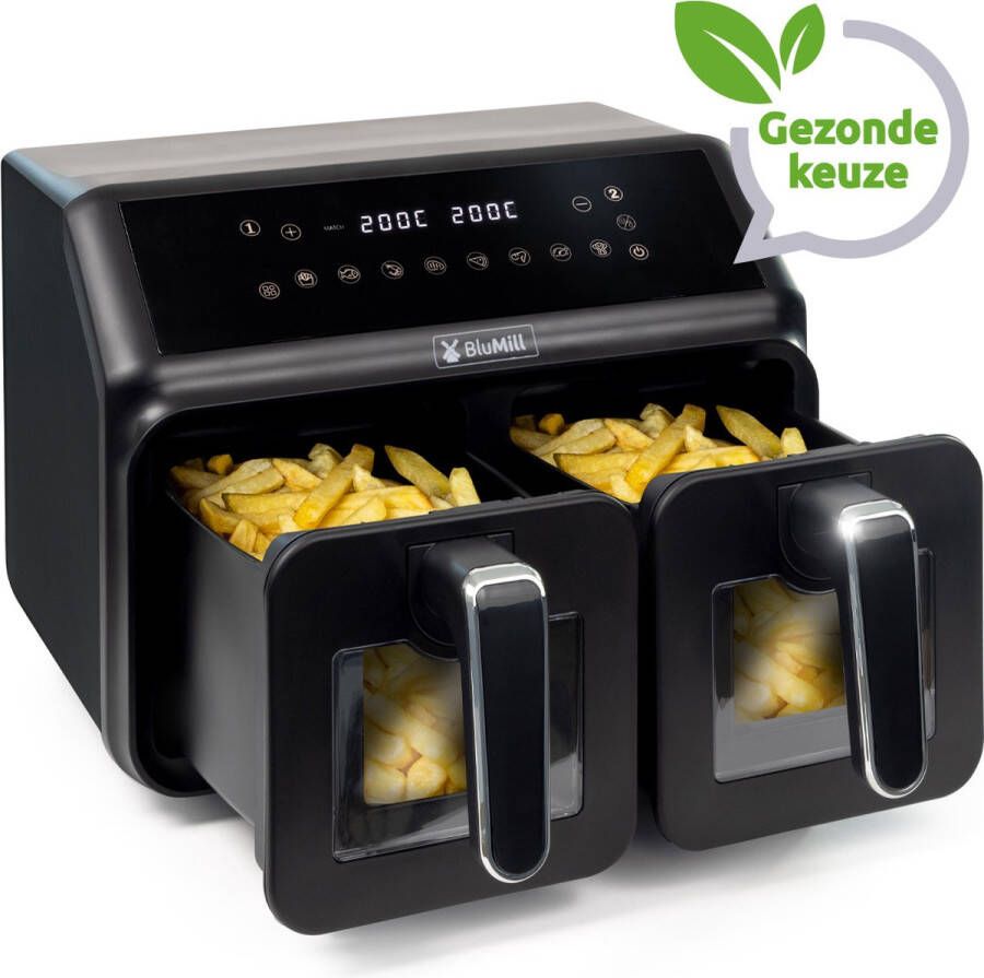 BluMill Dubbele Airfryer met Kijkvenster Airfryer XXL Touchscreen 8 Liter 2200 Watt