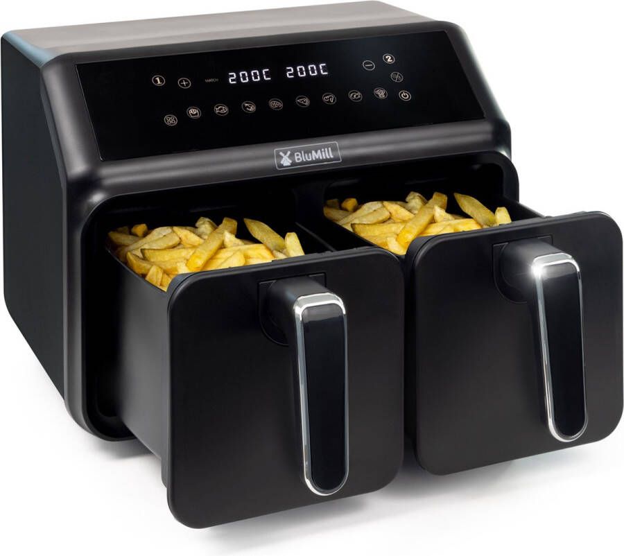 BluMill Dubbele Heteluchtfriteuse XXL SYNC-FINISH Functie Touchscreen incl. Kinderslot 8L 1700W Heteluchtfriteuse