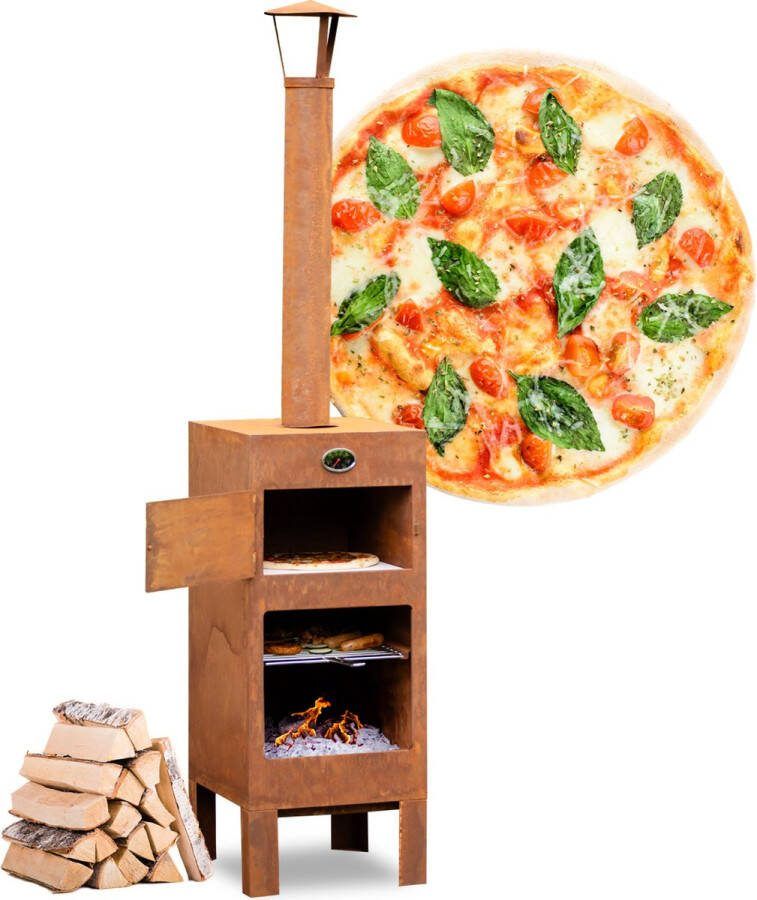 BluMill Outdoor Pizza Oven Tuinhaard BBQ Inclusief Pizzasteen Vuurpook en Thermometer Cortenstaal behuizing