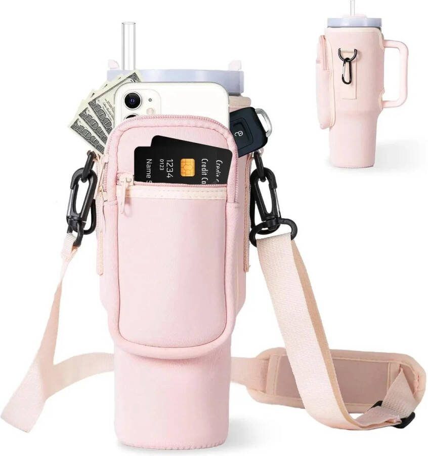 Blyx Waterfles Draagtas Waterfles houder Met Telefoonvak Stanley cup accessoires Met Handvat Verstelbaar 40OZ Roze