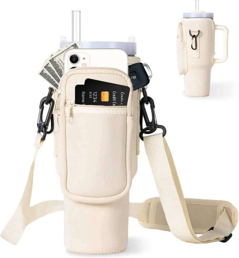 Blyx Waterfles Draagtas Waterfles houder Met Telefoonvak Stanley cup accessoires Met Handvat Verstelbaar 40OZ Beige
