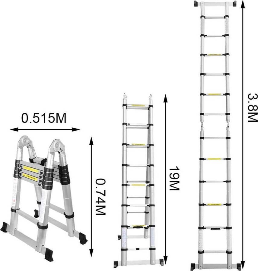 BMT Telescoopladder 1.9m + 1.9m inklapbaar Telescopische Ladder Veilig en flexibel
