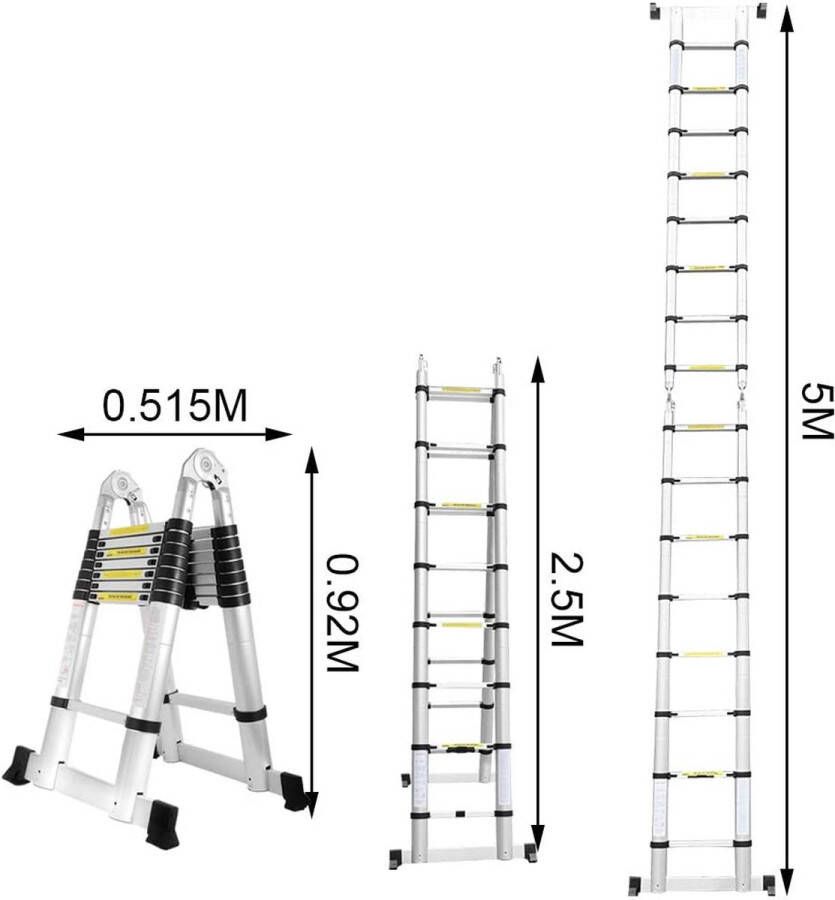 BMT Telescoopladder 2.5m + 2.5m inklapbaar Telescopische Ladder Veilig en flexibel