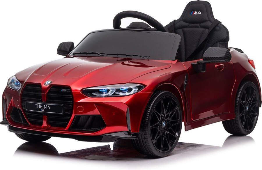 BMW Elektrische kinderauto M4 12V auto voor kinderen met Rubberen banden Lerenzitje Bluetooth afstandsbediening (Rood)
