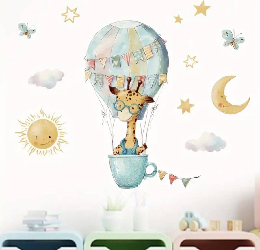 Bo & Mila Muursticker Kinderkamer Babykamer Giraffe in Luchtballon PVC 60x70cm Zelfklevend Muurdecoratie