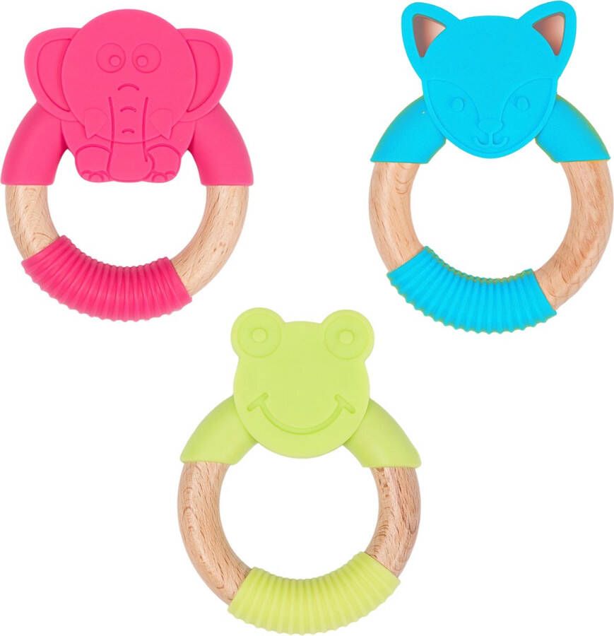 Bo Jungle Houten speelgoed met silicone voor baby Bij doorkomende tandjes Bijtring Kraamcadeau Voordeelpakket 9 Set van 3 bijtringen Diertjes