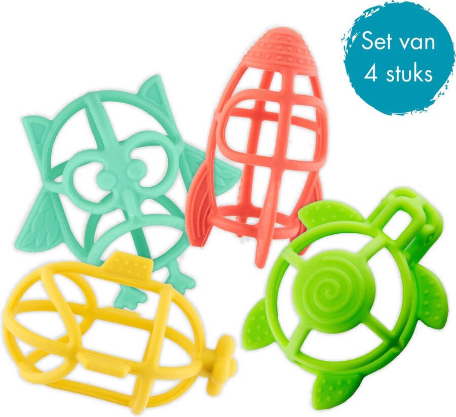 Bo Jungle Siliconce speelgoed baby Bijtring bijtspeeltjes Kraamcadeau Voordeelpakket Set van 4 vormen