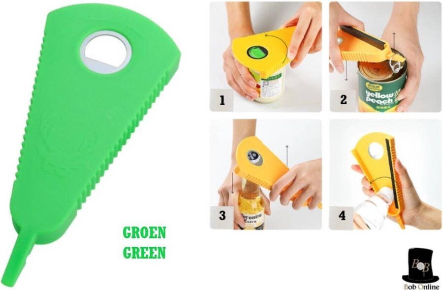 Bob Online ™ 1 Stuk 4-in-1 – Groen Multifunctionele Dekselopener – Potopener – Flesopener – Pottenopener – Reuma Hulpmiddel – Blikopener – Voor Deksels Potten en Schroefdoppen – Keuken Hulpmiddelen