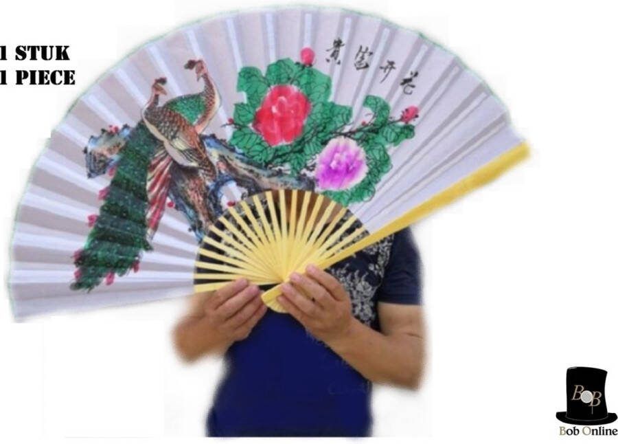 Bob Online ™ 1 Stuk Groot Model – Pauw- Chinese Waaier Wanddecoratie Chinese Waaier Met Bamboe Latjes Wanddecoratie – Spanwijdte 1 11 M x 63 cm Hand Geschilderde Patroon – Peacock Decorative Chinese Wall Fan – Feest Rekwisieten – Party Props