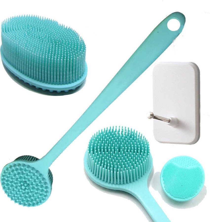 Bobbels & Putten B&P – Badborstel – Dry brush – Rug Scrubber – Lichaamsborstel – Rugborstel douche met steel – Huidborstel – doucheborstel – bad- & doucheaccessoires – Badborstel met steel – Doucheborstel rugborstel – Siliconen borstel – Massage – cyaan lichtgroen