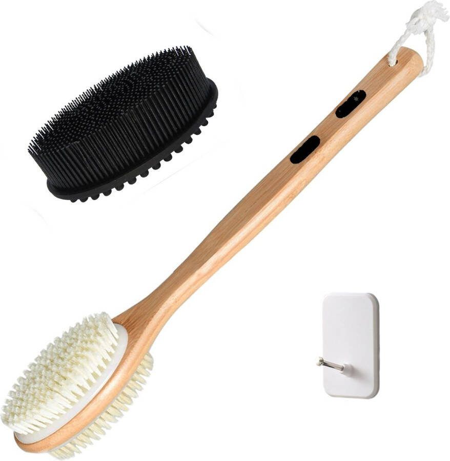 Bobbels & Putten B&P- Houten Badborstel – Dry brush – Rug Scrubber – Lichaamsborstel – Rugborstel douche met steel – Huidborstel – Rugborstel hout – Houten Badborstel met steel – Doucheborstel met steel – Houten borstel – Droogborstel – Massage – Zwart