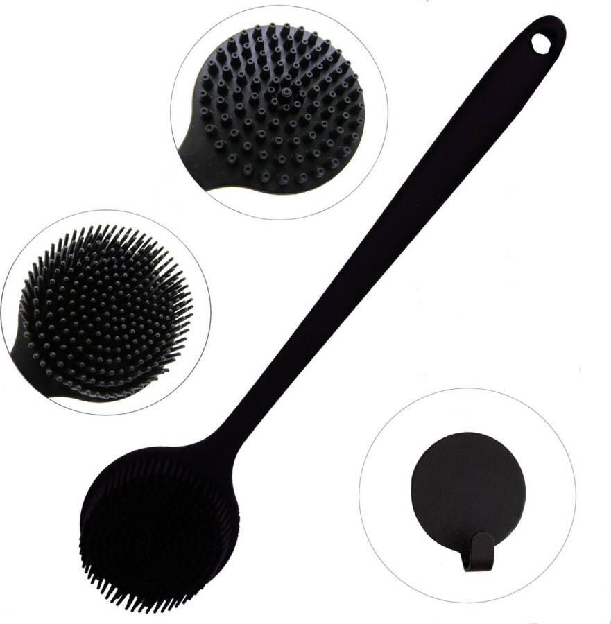 Bobbels & Putten B&P Rug borstel met steel zwart incl. haakje badborstel lang douche borstel met steel massageborstel lichaamsborstel silicone scrub lichaam valentijn cadeautje voor hem kunststof