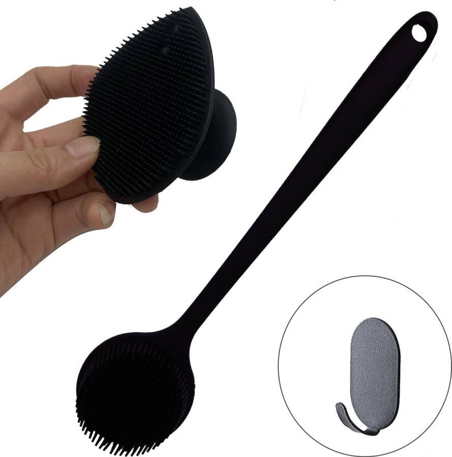 Bobbels & Putten badborstel rug Scrubber – dry brush – huidborstel – rugborstel kunststof – bad en douche acc met steel –doucheborstel met steel – lichaamsborstel Droog borstel – Massage – Zwart