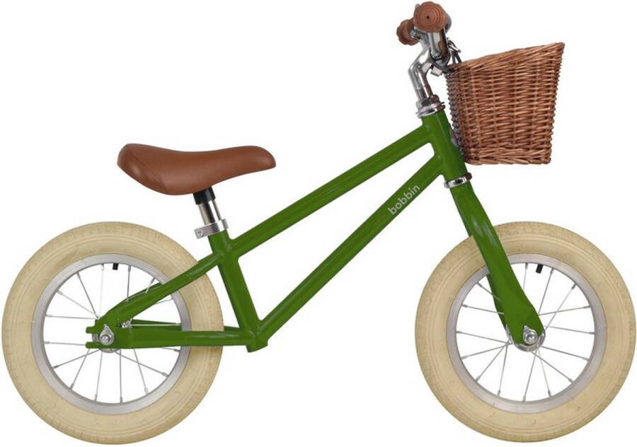 Bobbin bikes Moonbug 12 Loopfiets balance bike groen pea green met fietsmand 2 tot 4 jaar