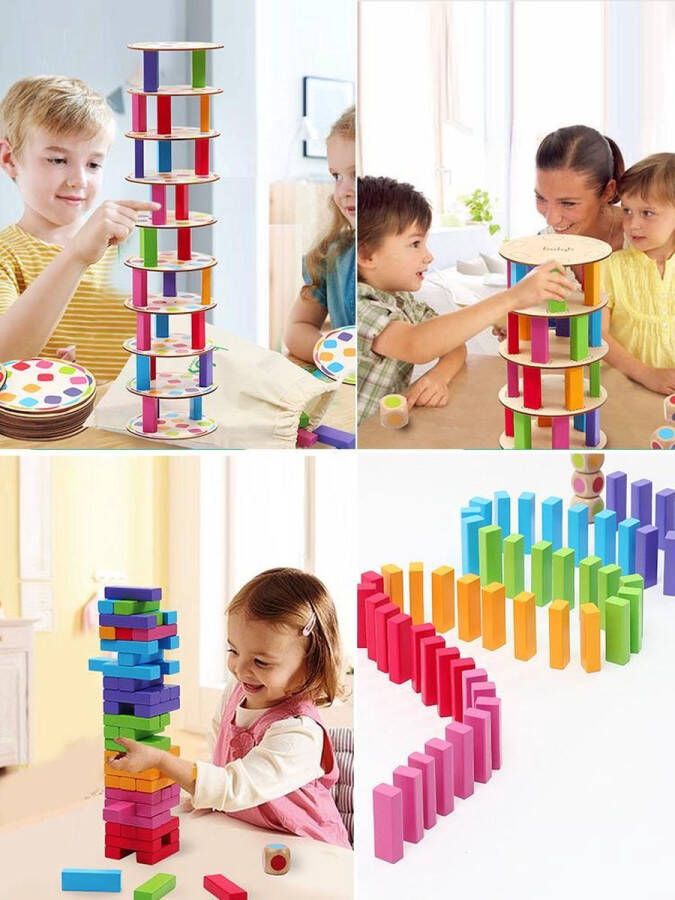 TopBright Boby 3-in-1 Hoogwaardig Beukenhout! stapelspel blokken 72 delige & Domino's & Kleuren matching game Bouwstenen Toren stapelspel fijne motorische bouwstenen met dobbelstenen leisteen Montessori familiefeest games voor kinderen volwassenen