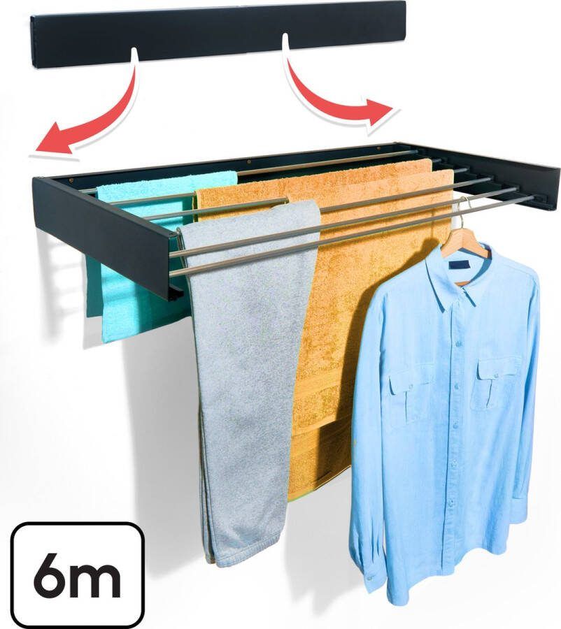Bodo Droogrek Inklapbaar Wanddroogrek 100 cm Inclusief Boormal Vernieuwd 2024 Model Wasrek Hangend Uitklapbaar Muur Ophangbaar 6m Drooglengte Mat Zwart