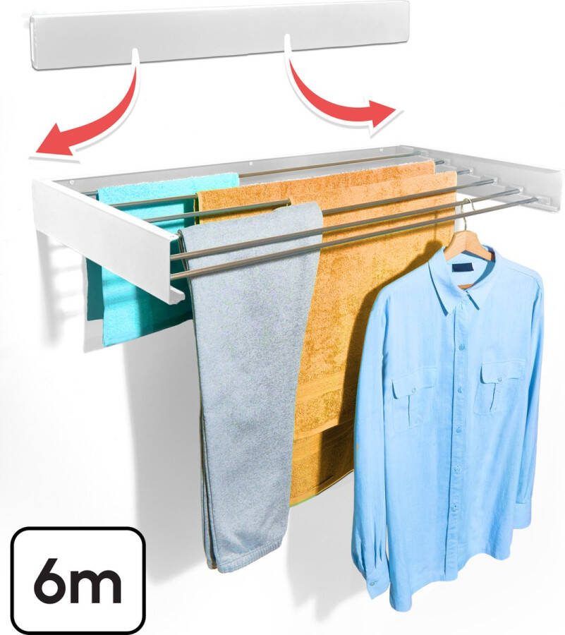 Bodo Droogrek Inklapbaar Wanddroogrek 100 cm Inclusief Boormal Vernieuwd 2024 Model Wasrek Hangend Uitklapbaar Muur Ophangbaar 6m Drooglengte Wit