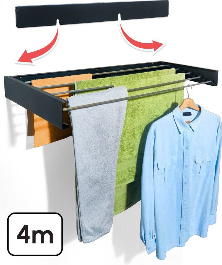 Bodo Droogrek Inklapbaar Wanddroogrek 80 cm Inclusief Boormal Vernieuwd 2023 Model Wasrek Hangend Uitklapbaar Muur Ophangbaar 4m Drooglengte Zwart