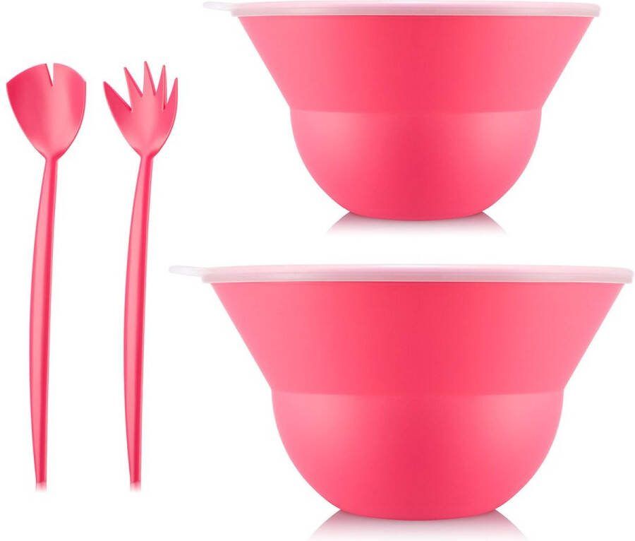 Bodum Topee Bowls Twee saladekommen met deksels en saladecouvert 5 liter & 3 liter Bubblegum Roze