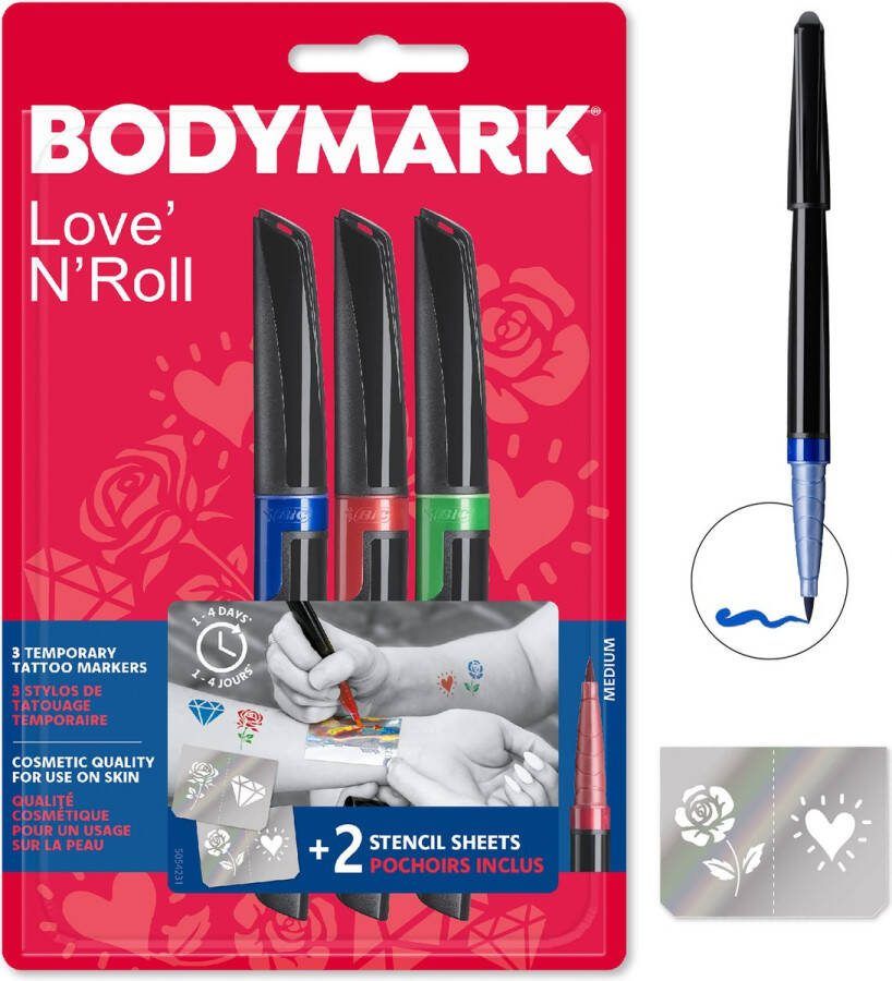 Bodymark BIC BodyMark Tijdelijke Tattoo Pennen met sjablonen Set van 3 medium stiften en 2 sjablonen Festival Halloween Cosplay