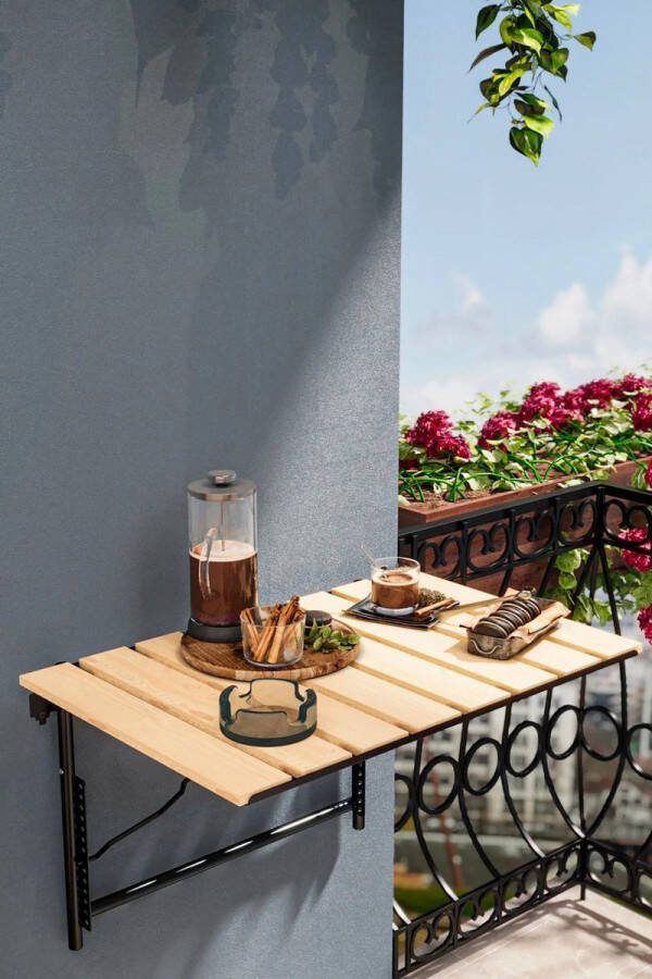 Bofigo Verstelbare Hoogte Klaptafel Balkon Tuin Tafel Keukentafel Opklapbare Wandtafel Picknick Kamp Tafel Decoratieve Stijlvolle Verstelbare Tafel 40x60 cm Natuurlijk hout